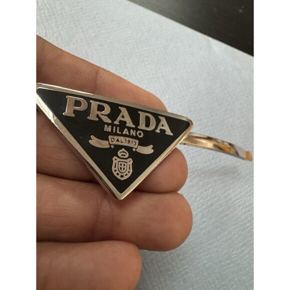 Prada Triangle Silver Black Metal Brooch / 3-Inch Hair Clip – Authentic - Picture 6 of 7